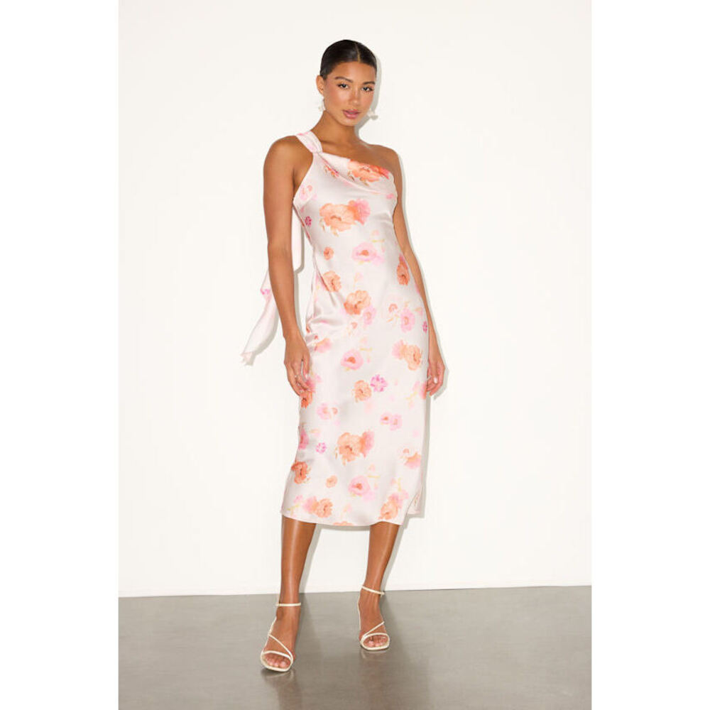 Lulus Naima Ivory Floral Satin One-shoulder Midi Dress White - Size L